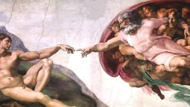La creazione dell'uomo, Michelangelo Cappella Sistina.Fonte:http://www.sardegnablogger.it/non-in-nome-di-dio-di-giampaolo-cassitta/