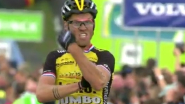 Lars Boom, il gestaccio all'arrivo della quinta tappa del BinckBank Tour