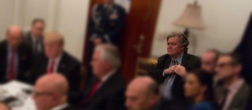 Steve Bannon during meeting at White House, April 2017. / [Image by the White House via Flickr, resized, manipulated, Public Domain]