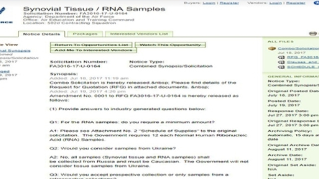 Annuncio gara pubblica per la fornitura di tessuti umani a US Air Force