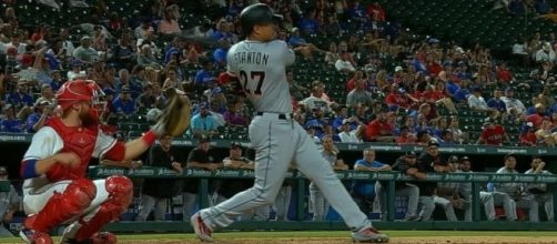 Giancarlo Stanton hit his 46th home run of the season in the Marlins' 12-8 win over the Phillies on Tuesday. [Image via MLB/YouTUbe]