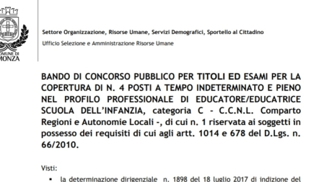 Monza, 4 posti per educatori scuola infanzia, scadenza 21/09