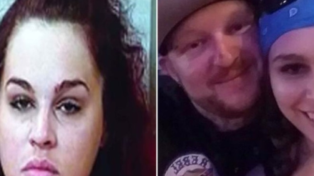 A sinistra la sposa 'pistolera' Kate Elizabeth Prichard, nella foto dell'arresto. A destra, con James Jarid Burton prima di sposarsi. (Facebook).