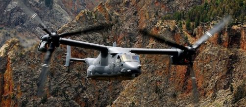 The Osprey in majestic flight through mountains.https://pixabay.com/en/propeller-propeller-plane-62885/