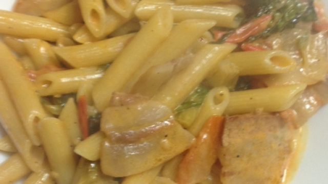 pennette al guanciale e gamberi