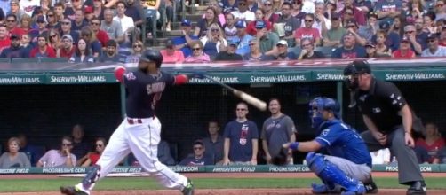 Carlos Santana helped power the Indians to an 8-4 win over Kansas City on Saturday. [Image via MLB/YouTube]