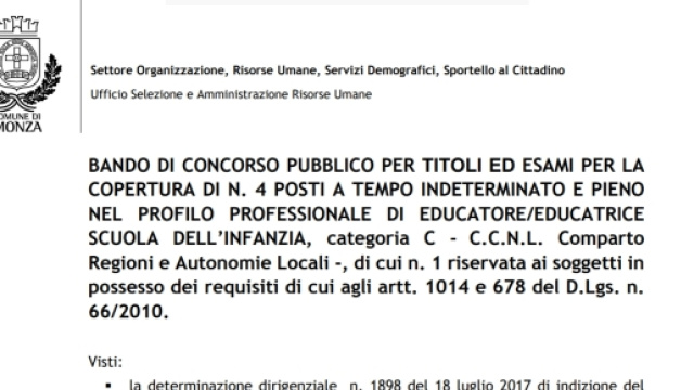 Concorso pubblico educatori prima infanzia, scadenza 21/09