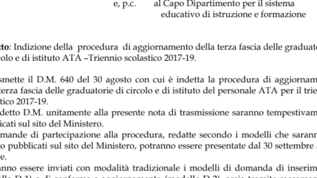 Graduatorie Ata III fascia, pubblicato bando