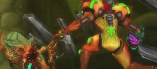 Samus fighting an enemy in 'Metroid: Samus Returns.' (image source: YouTube/RabidRetrospectGames)