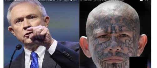 Attorney general Jeff Sessions (left), MS 13 gang member (right) photo via Golden State Times/YouTube screen cap