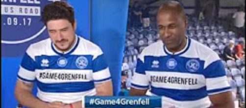 Marcus Mumford, here with Les Ferdinand, share a match mixing sport, music, and fun for fire victims and families.Screencap Mumford &Sons Fans/YT