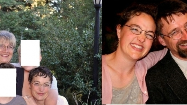 A sinistra Seda e Kristin con i figli a destra Seda (Fred) con la moglie prima della transizione
