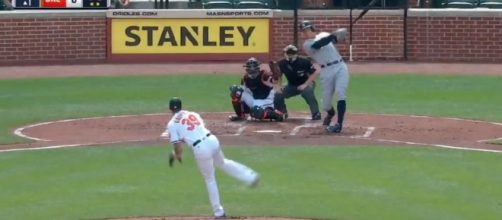 Aaron Judge hit a two-run home run in the first inning as the Yankees defeated the Orioles 9-1 on Thursday. [Image via MLB/YouTube]