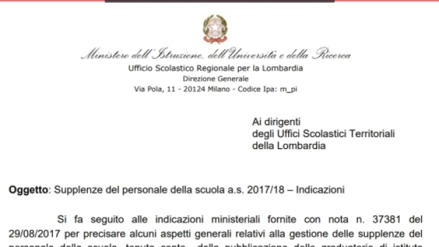 Supplenze 2017/2018, nota Ust Milano