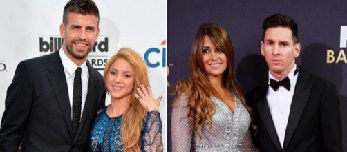 &Agrave; esquerda, Gerard Piqu&eacute; e Shakira, &agrave; direita, Antonella Roccuzzo e Lionel Messi