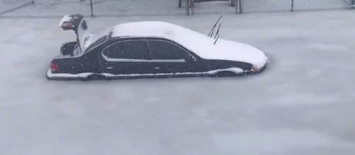 Cars were left abandoned as flood waters froze them in place in Revere. [Image via Twitter @Adam28691}
