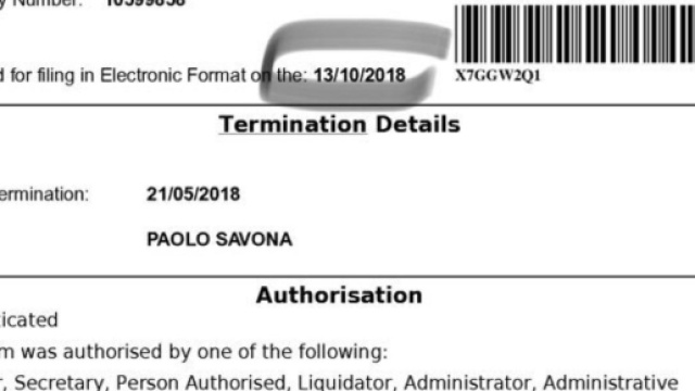La notifica delle dimissioni di Savona &egrave; stata trasmessa il 13 ottobre
