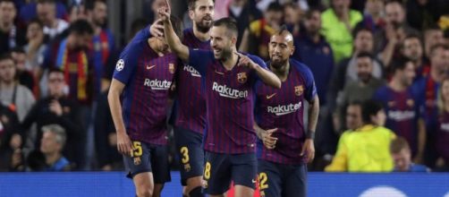 festejo de Jordi Alba para sellar el triunfo ante el Inter de Mil&aacute;n