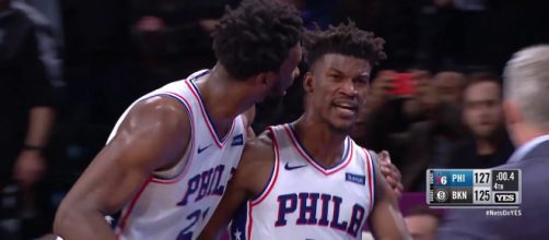 Jimmy Butler hit a game-winning three-point shot to help the Sixers win in Brooklyn on Sunday. [Image via YES Network/YouTube]