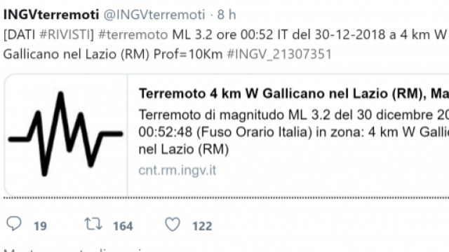 Terremoto di magnitudo 3.2 avvenuto questa notta vicino Roma.