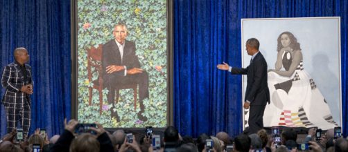 Barack Obama is portrayed against a natural background - By Kehinde Wiley - National Portrait Gallery, via Wikipedia