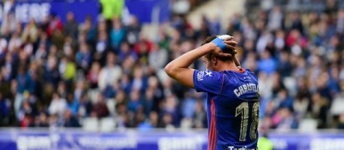 Christian se lamenta de una acci&oacute;n durante el partido con el Albacete. Foto: El Desmarque