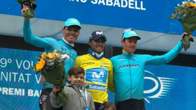 Il podio finale: Valverde vincitore davanti a Sanchez e Fuglsang