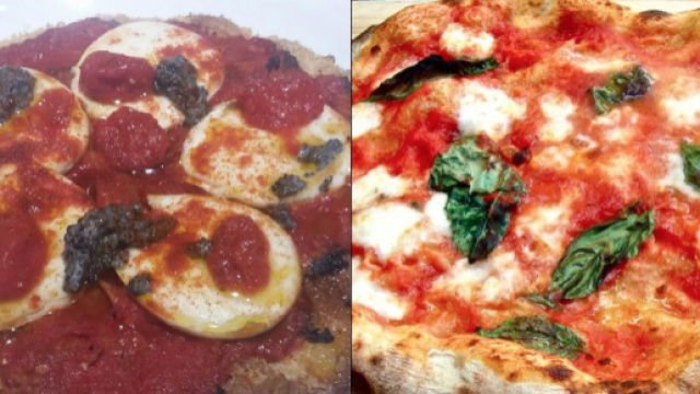 Da sinistra la pizza di Carlo Cracco e la Margherita proposta dai mastri fornai napoletani