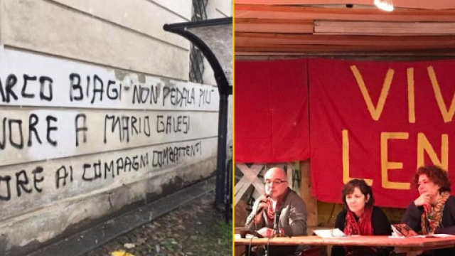 Le scritte a Modena. Balzerani, al centro, presiede un evento a Firenze