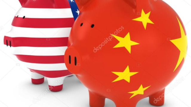 Bandiera americana e cinese, salvadanai commercio internazionale