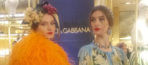 Dolce and Gabbana 'All The Lovers' Summer clothing collection at the Rinascente store Milan. Fruit headdress and jewels.