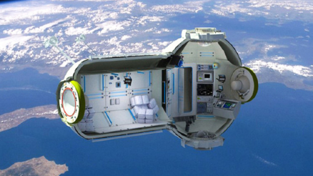 In alto, un modellino del futuro hotel spaziale.