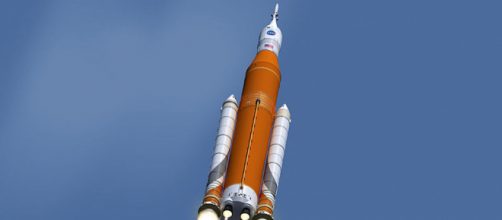 Artist&rsquo;s concept of Space Launch System in Flight (Image credit &ndash; NASA/MSFC, Wikimedia Commons)