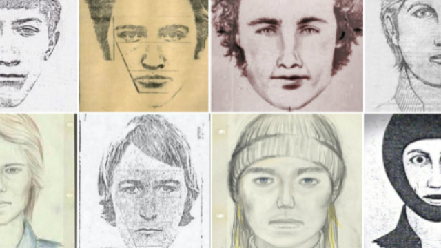 I diversi identikit elaborati dalle vittime. Il pi&ugrave; diffuso era quello di un uomo incappucciato dallo sguardo tenebroso