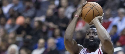 This year's most likely MVP winner, James Harden, shooting over a Wizards defender. Image via Keith Allison/Wikimedia Commons.