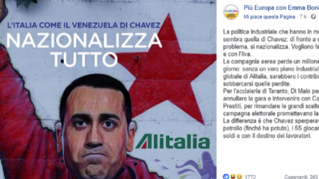 Il post di 'Pi&ugrave; Europa' con Emma Bonino che ritrae Di Maio a pugno chiuso