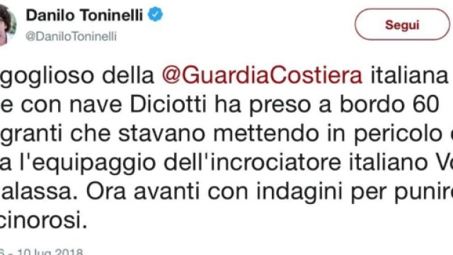 Danilo Toninelli dice che la Vos Thalassa &egrave; un incrociatore - giornalettismo.com