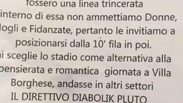 Il volantino diffuso in Curva Nord: niente donne in curva nord