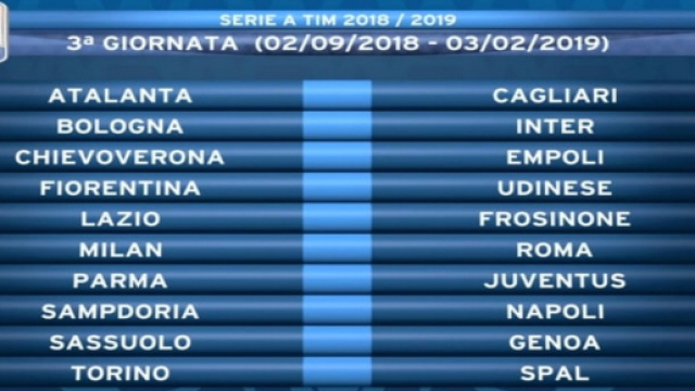 Calendario terza giornata Serie A: partite su Dazn e Sky.