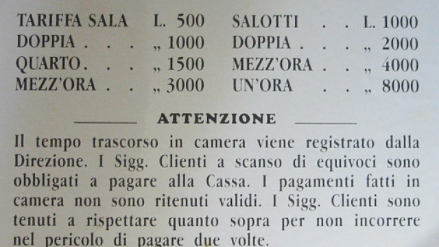 Il tariffario di una casa chiusa