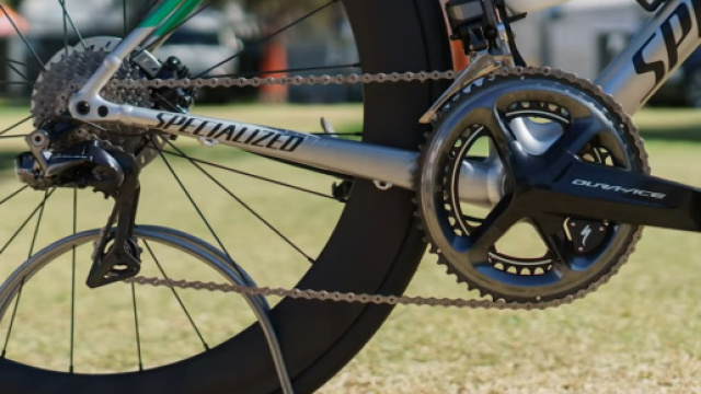 Un particolare della bicicletta che Peter Sagan user&agrave; nel Criterium del Tour Down Under