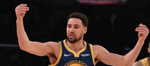 Klay Thompson hit his first 10 three-pointers in Monday's win over the Lakers. [Image via NBA/YouTube screencap]