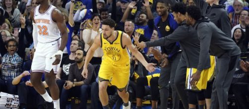 Golden State Warriors star Klay Thompson scored 43 points on Tuesday (Jan. 8) versus the NY Knicks. [Image via NBA/YouTube screencap]