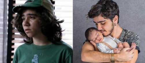 O ator Jo&atilde;o Fernandes, em 'Avenida Brasil' (2012), e, atualmente, com o filho. (Reprodu&ccedil;&atilde;o/TV Globo)