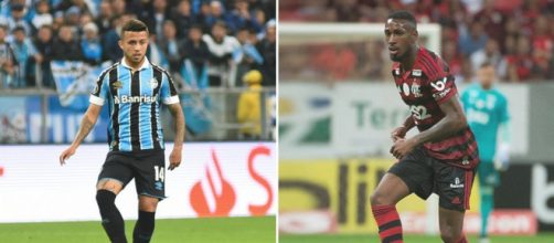 Matheus Henrique, do Gr&ecirc;mio, e Gerson, do Flamengo, s&atilde;o observados. (Fotomontagem)