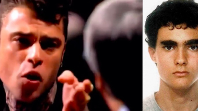 A sinistra Fedez durante lo scontro con Giovanardi del 2014, a destra Federico Aldrovandi.