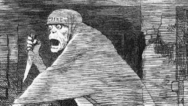 Le fant&ocirc;me de Jack l'&eacute;ventreur. Caricature parue dans le magazine Punch en 1888. Domaine public