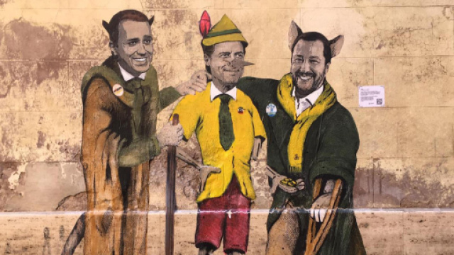 Roma, il murale con Salvini, Di Maio e Conte nei panni dei personaggi di Pinocchio - virgilio.it