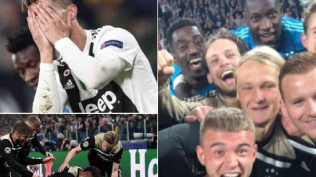 Cristiano Ronaldo disperato, mentre i giovani calciatori dell'Ajax esultano