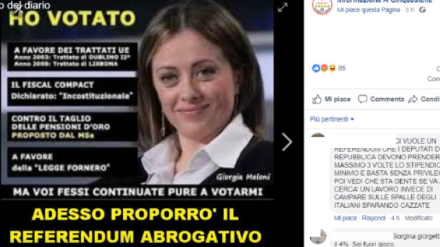 Giorgia Meloni attaccata dal M5S sui social: "vot&ograve; il fiscal compact"